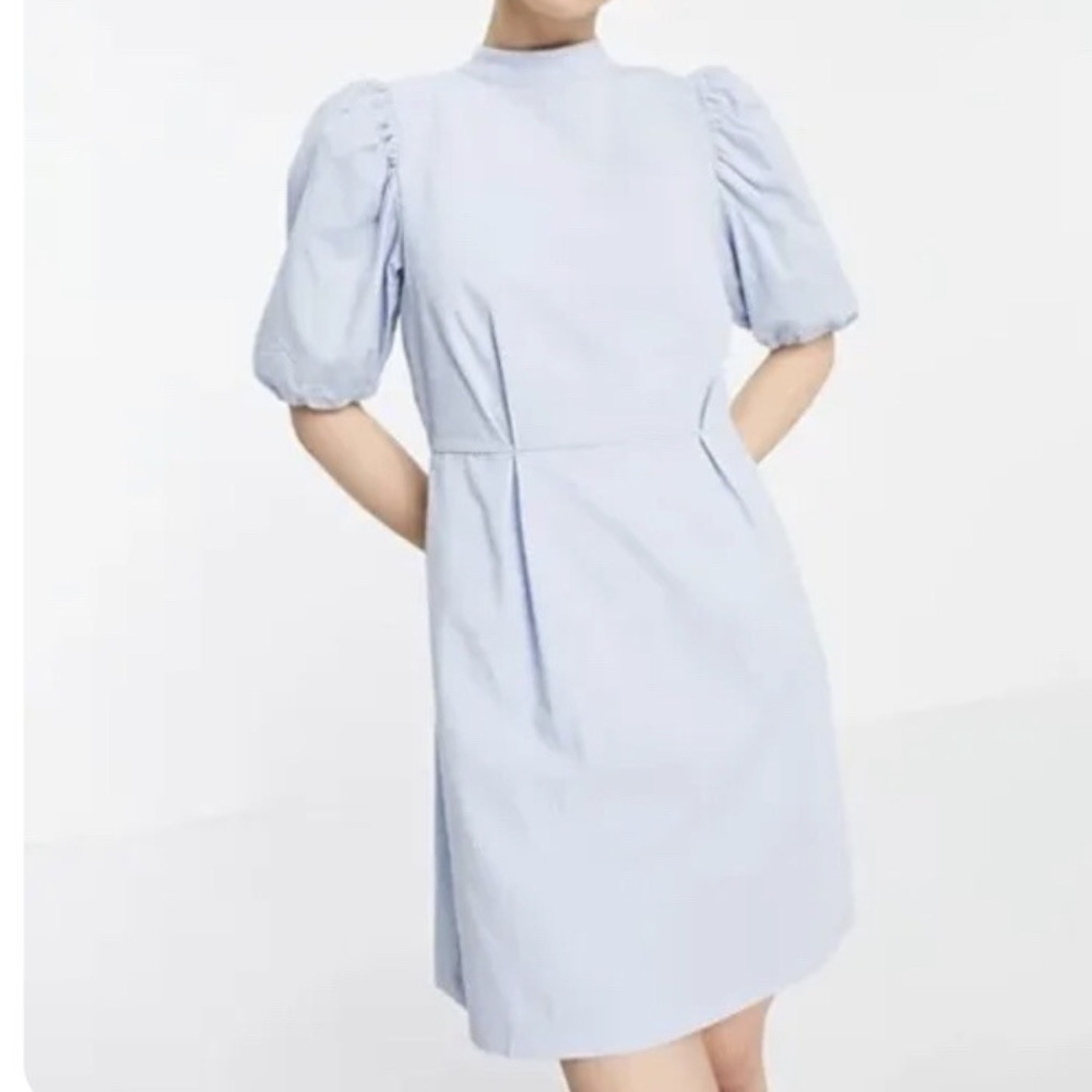 Aware by Vero Mode Blue Mock Neck Puff Sleeve Dress Sz L Keyhole Back Preppy